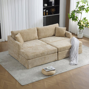 English Elm 86.61" Chenille Two-seat Sofa with Matching Ottomans Matte Black Legs Modern Lounge Wheat W3098S00087