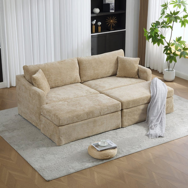 English Elm 86.61" Chenille Two-seat Sofa with Matching Ottomans Matte Black Legs Modern Lounge Wheat W3098S00087