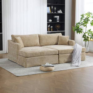 English Elm 86.61" Chenille Two-seat Sofa with Matching Ottomans Matte Black Legs Modern Lounge Wheat W3098S00087