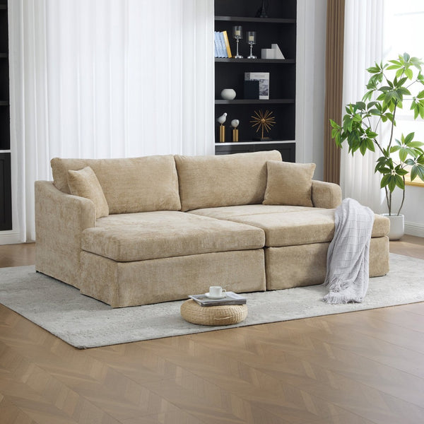 English Elm 86.61" Chenille Two-seat Sofa with Matching Ottomans Matte Black Legs Modern Lounge Wheat W3098S00087