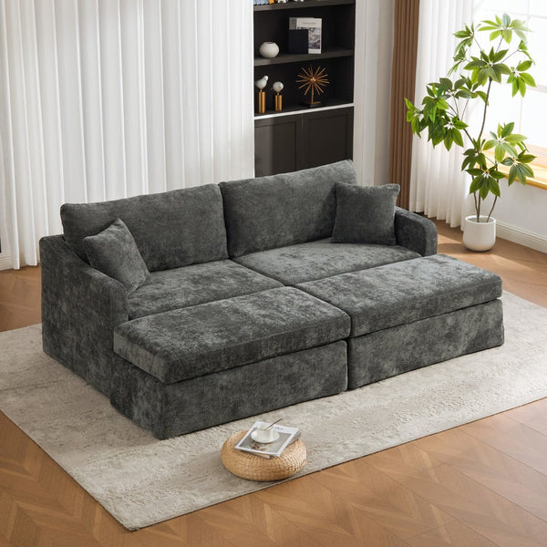 English Elm 86.61" Chenille Two-seat Sofa with Matching Ottomans Matte Black Legs Modern Lounge Charcoal W3098S00088