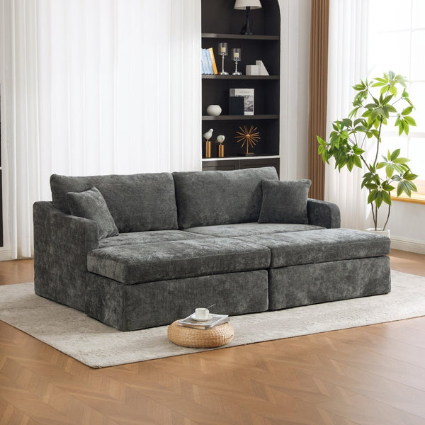 English Elm 86.61" Chenille Two-seat Sofa with Matching Ottomans Matte Black Legs Modern Lounge Charcoal W3098S00088