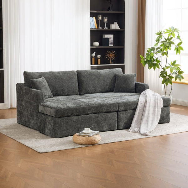 English Elm 86.61" Chenille Two-seat Sofa with Matching Ottomans Matte Black Legs Modern Lounge Charcoal W3098S00088