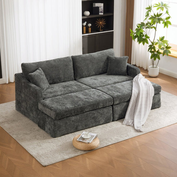 English Elm 86.61" Chenille Two-seat Sofa with Matching Ottomans Matte Black Legs Modern Lounge Charcoal W3098S00088