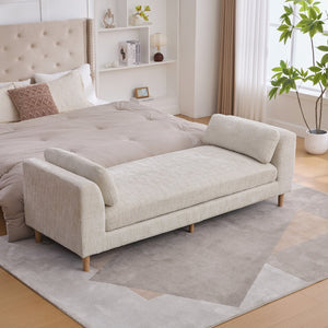 English Elm 83.1"wide Chenille Chaise Bench Bolster Pillows Rubberwood Legs Modern Bedroom Lounge Beige W3098S00089