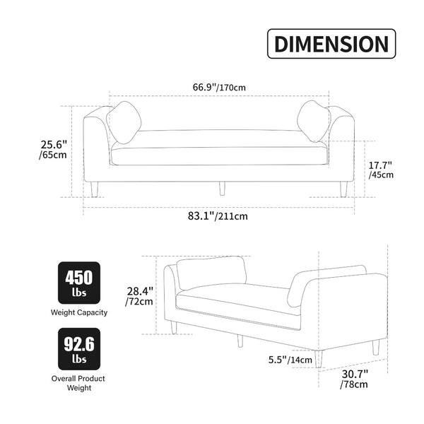 English Elm 83.1"wide Chenille Chaise Bench Bolster Pillows Rubberwood Legs Modern Bedroom Lounge Beige W3098S00089