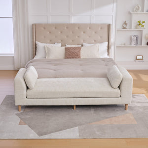 English Elm 83.1"wide Chenille Chaise Bench Bolster Pillows Rubberwood Legs Modern Bedroom Lounge Beige W3098S00089