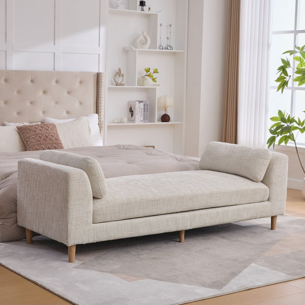 English Elm 83.1"wide Chenille Chaise Bench Bolster Pillows Rubberwood Legs Modern Bedroom Lounge Beige W3098S00089