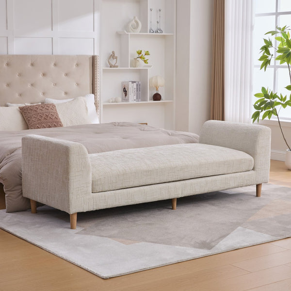 English Elm 83.1"wide Chenille Chaise Bench Bolster Pillows Rubberwood Legs Modern Bedroom Lounge Beige W3098S00089