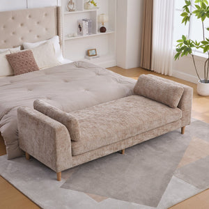 English Elm 83.1"wide Chenille Chaise Bench Bolster Pillows Rubberwood Legs Modern Bedroom Lounge Wheat W3098S00090