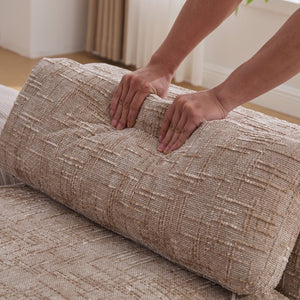 English Elm 83.1"wide Chenille Chaise Bench Bolster Pillows Rubberwood Legs Modern Bedroom Lounge Wheat W3098S00090