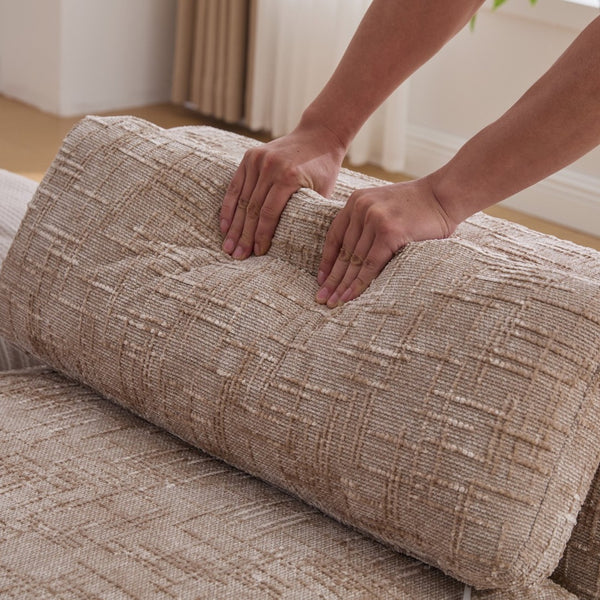 English Elm 83.1"wide Chenille Chaise Bench Bolster Pillows Rubberwood Legs Modern Bedroom Lounge Wheat W3098S00090