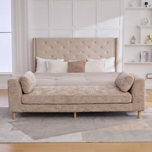 English Elm 83.1"wide Chenille Chaise Bench Bolster Pillows Rubberwood Legs Modern Bedroom Lounge Wheat W3098S00090