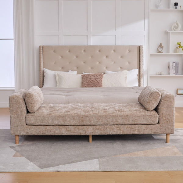 English Elm 83.1"wide Chenille Chaise Bench Bolster Pillows Rubberwood Legs Modern Bedroom Lounge Wheat W3098S00090