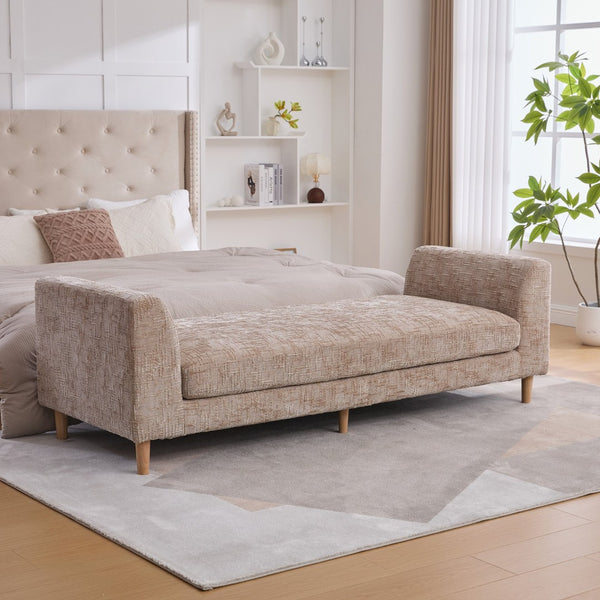 English Elm 83.1"wide Chenille Chaise Bench Bolster Pillows Rubberwood Legs Modern Bedroom Lounge Wheat W3098S00090