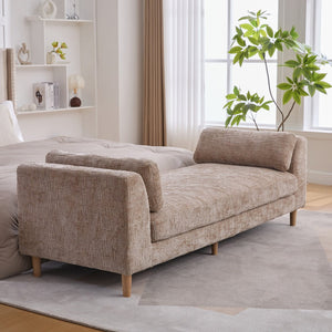 English Elm 83.1"wide Chenille Chaise Bench Bolster Pillows Rubberwood Legs Modern Bedroom Lounge Wheat W3098S00090
