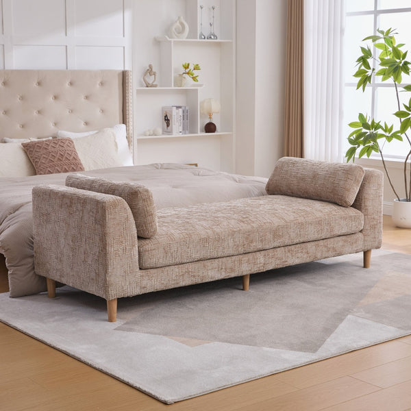 English Elm 83.1"wide Chenille Chaise Bench Bolster Pillows Rubberwood Legs Modern Bedroom Lounge Wheat W3098S00090