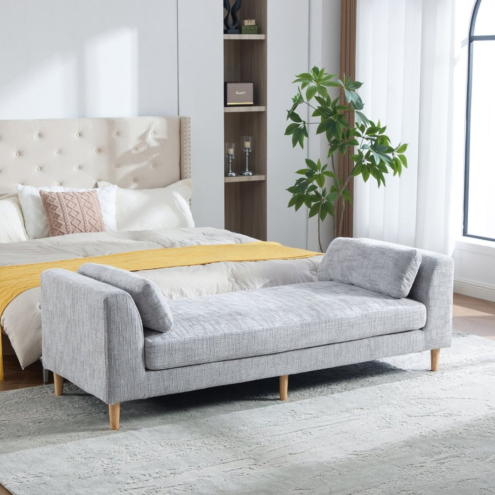 English Elm 83.1"wide Chenille Upholstered Daybed Bench with Bolster Pillows and Rubberwood Legs W3098S00092