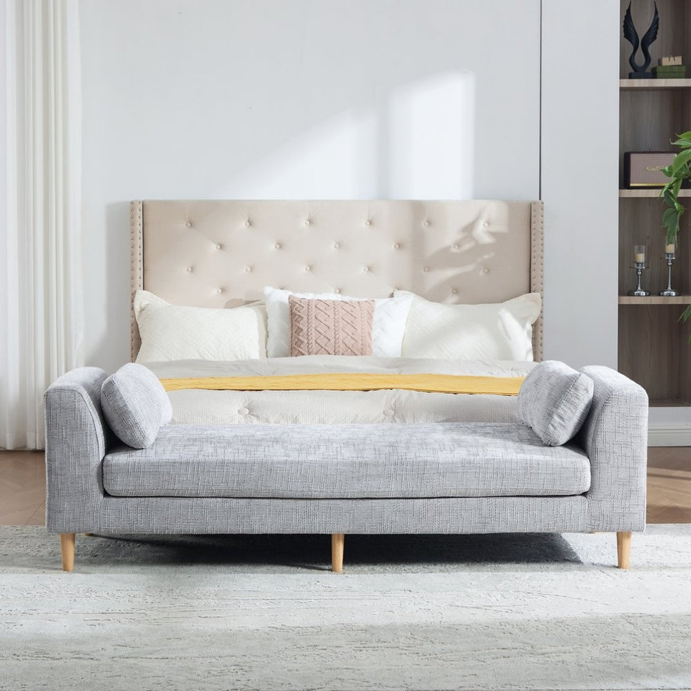 English Elm 83.1"wide Chenille Upholstered Daybed Bench with Bolster Pillows and Rubberwood Legs W3098S00092