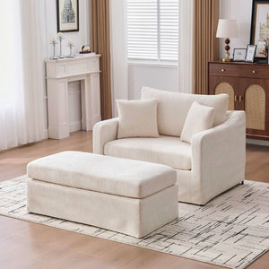 English Elm 43.9 Inch Oversized Chenille Accent Chair with Ottoman Bolster Pillows Farmhouse Lounge Seating Beige W3098S00093