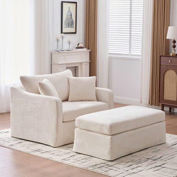 English Elm 43.9 Inch Oversized Chenille Accent Chair with Ottoman Bolster Pillows Farmhouse Lounge Seating Beige W3098S00093
