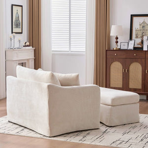 English Elm 43.9 Inch Oversized Chenille Accent Chair with Ottoman Bolster Pillows Farmhouse Lounge Seating Beige W3098S00093