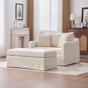English Elm 43.9 Inch Oversized Chenille Accent Chair with Ottoman Bolster Pillows Farmhouse Lounge Seating Beige W3098S00093