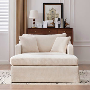 English Elm 43.9 Inch Oversized Chenille Accent Chair with Ottoman Bolster Pillows Farmhouse Lounge Seating Beige W3098S00093