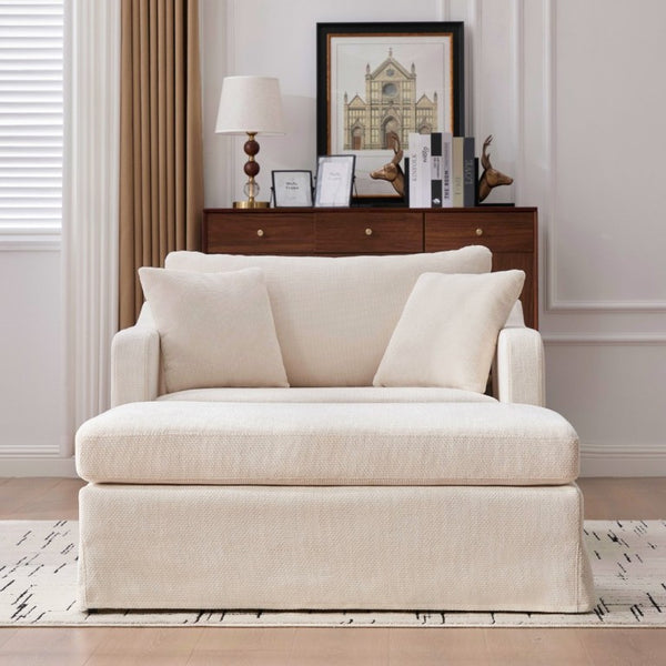 English Elm 43.9 Inch Oversized Chenille Accent Chair with Ottoman Bolster Pillows Farmhouse Lounge Seating Beige W3098S00093