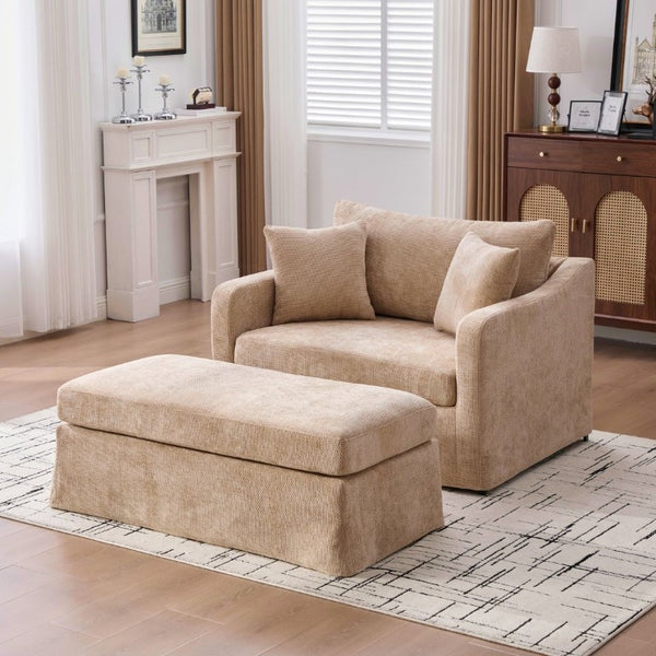 English Elm 43.9 Inch Oversized Chenille Accent Chair with Ottoman Bolster Pillows Farmhouse Lounge Seating Wheat W3098S00094
