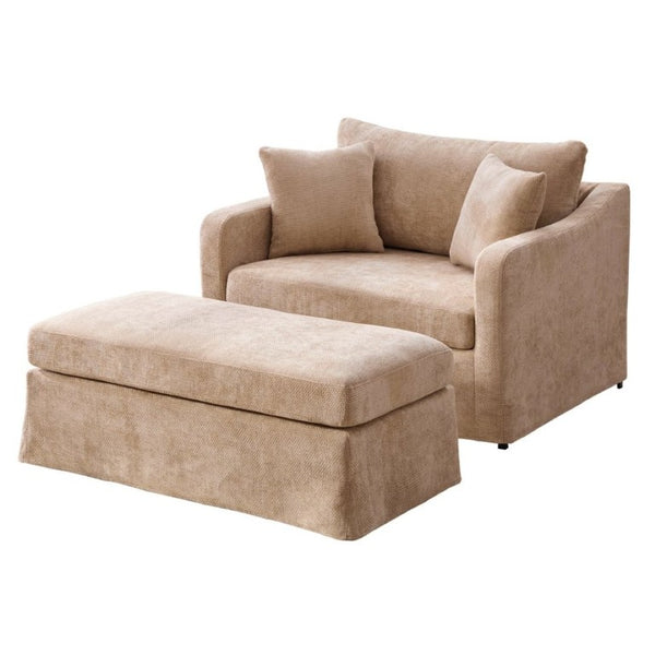 English Elm 43.9 Inch Oversized Chenille Accent Chair with Ottoman Bolster Pillows Farmhouse Lounge Seating Wheat W3098S00094