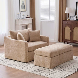 English Elm 43.9 Inch Oversized Chenille Accent Chair with Ottoman Bolster Pillows Farmhouse Lounge Seating Wheat W3098S00094