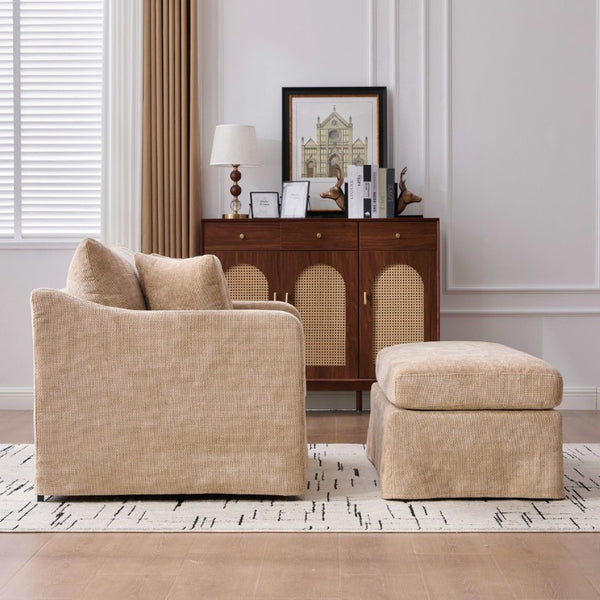 English Elm 43.9 Inch Oversized Chenille Accent Chair with Ottoman Bolster Pillows Farmhouse Lounge Seating Wheat W3098S00094