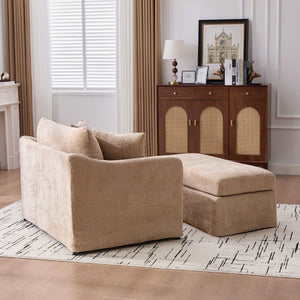 English Elm 43.9 Inch Oversized Chenille Accent Chair with Ottoman Bolster Pillows Farmhouse Lounge Seating Wheat W3098S00094
