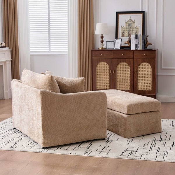English Elm 43.9 Inch Oversized Chenille Accent Chair with Ottoman Bolster Pillows Farmhouse Lounge Seating Wheat W3098S00094