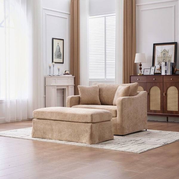 English Elm 43.9 Inch Oversized Chenille Accent Chair with Ottoman Bolster Pillows Farmhouse Lounge Seating Wheat W3098S00094