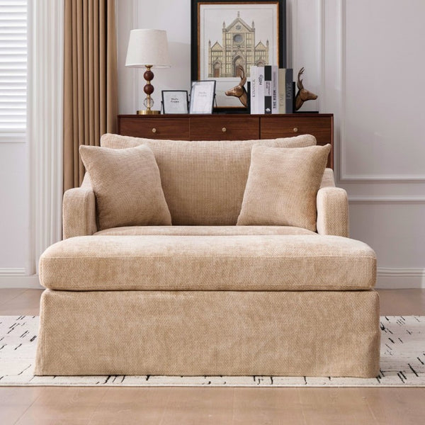 English Elm 43.9 Inch Oversized Chenille Accent Chair with Ottoman Bolster Pillows Farmhouse Lounge Seating Wheat W3098S00094