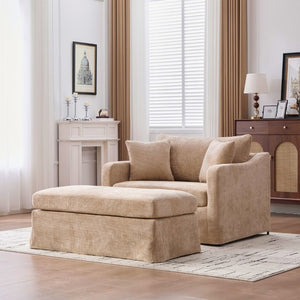 English Elm 43.9 Inch Oversized Chenille Accent Chair with Ottoman Bolster Pillows Farmhouse Lounge Seating Wheat W3098S00094