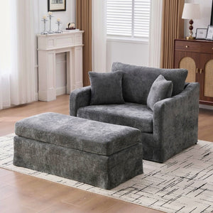 English Elm 43.9 Inch Oversized Chenille Accent Chair with Ottoman Bolster Pillows Farmhouse Lounge Seating Charcoal W3098S00095