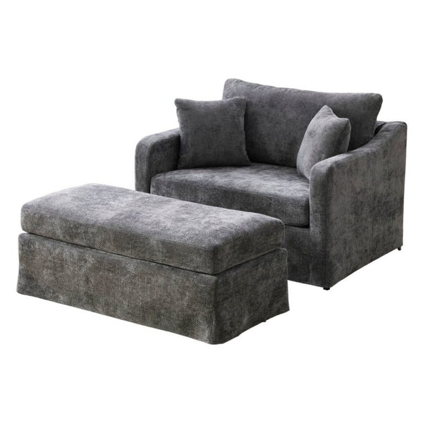 English Elm 43.9 Inch Oversized Chenille Accent Chair with Ottoman Bolster Pillows Farmhouse Lounge Seating Charcoal W3098S00095