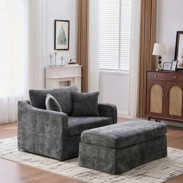 English Elm 43.9 Inch Oversized Chenille Accent Chair with Ottoman Bolster Pillows Farmhouse Lounge Seating Charcoal W3098S00095