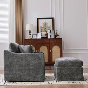 English Elm 43.9 Inch Oversized Chenille Accent Chair with Ottoman Bolster Pillows Farmhouse Lounge Seating Charcoal W3098S00095