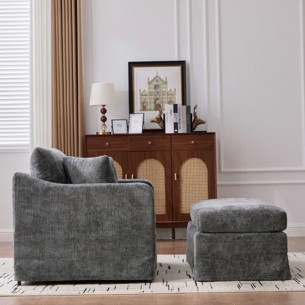 English Elm 43.9 Inch Oversized Chenille Accent Chair with Ottoman Bolster Pillows Farmhouse Lounge Seating Charcoal W3098S00095