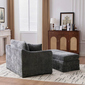 English Elm 43.9 Inch Oversized Chenille Accent Chair with Ottoman Bolster Pillows Farmhouse Lounge Seating Charcoal W3098S00095