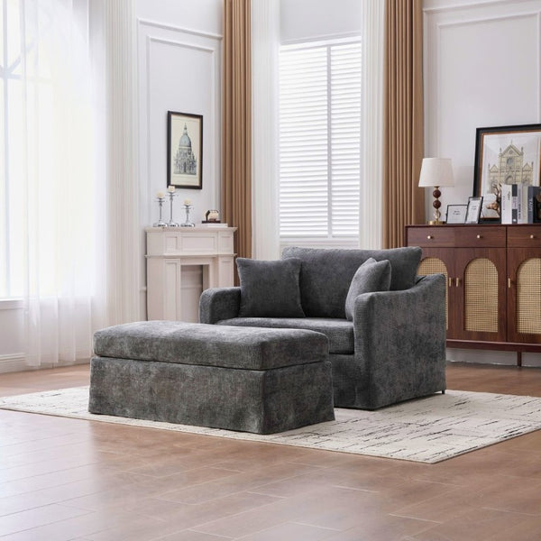 English Elm 43.9 Inch Oversized Chenille Accent Chair with Ottoman Bolster Pillows Farmhouse Lounge Seating Charcoal W3098S00095