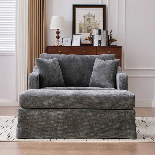 English Elm 43.9 Inch Oversized Chenille Accent Chair with Ottoman Bolster Pillows Farmhouse Lounge Seating Charcoal W3098S00095