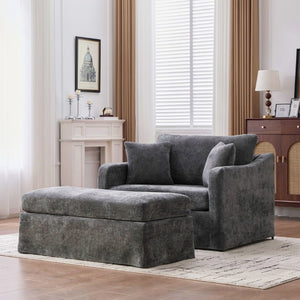 English Elm 43.9 Inch Oversized Chenille Accent Chair with Ottoman Bolster Pillows Farmhouse Lounge Seating Charcoal W3098S00095