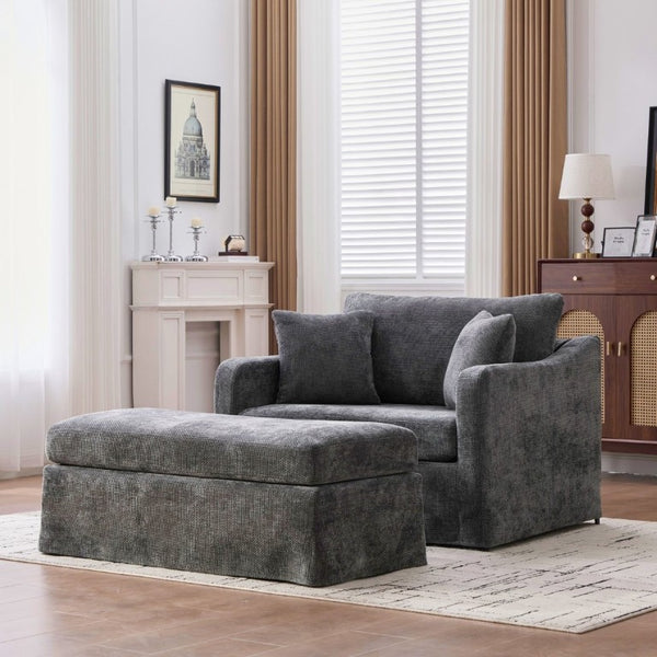 English Elm 43.9 Inch Oversized Chenille Accent Chair with Ottoman Bolster Pillows Farmhouse Lounge Seating Charcoal W3098S00095