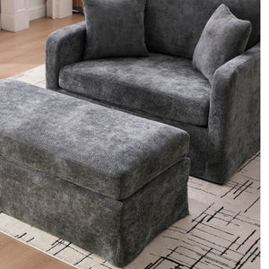 English Elm 43.9 Inch Oversized Chenille Accent Chair with Ottoman Bolster Pillows Farmhouse Lounge Seating Charcoal W3098S00095