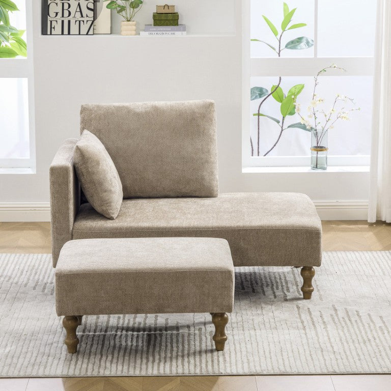 English Elm 71.3 Inch Chenille Chaise Lounge with Ottoman Walnut Rubberwood Legs Pocketed Springs Taupe W3098S00101
